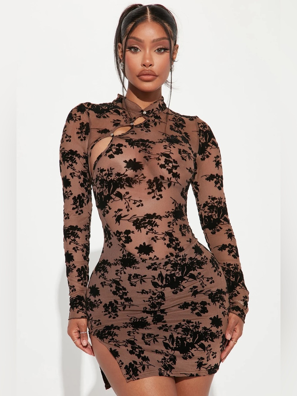 Fashion Nova Raelynn Mesh Mini Dress - Brown/Combo